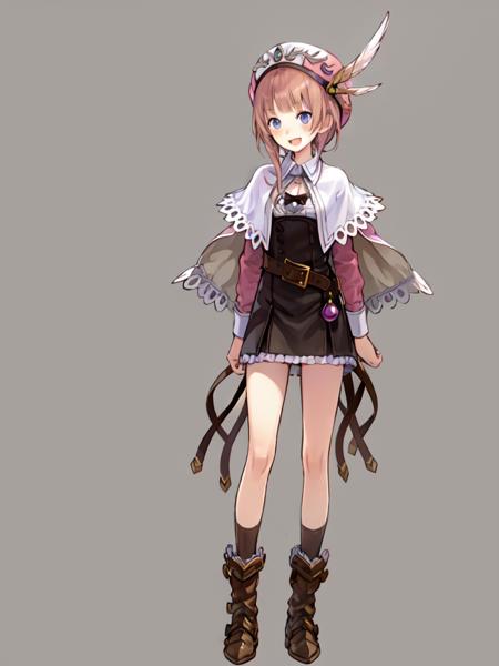 charrorona, 1girl, solo, masterpiece, best quality, boots, smile, full body, simple background, capelet, open mouth, hat, jewelry, standing, hat feather, legs, belt, dress, skirt, blush, looking at viewer, bare legs, socks, necklace, arms at sides, <lora:roronav1a:1>