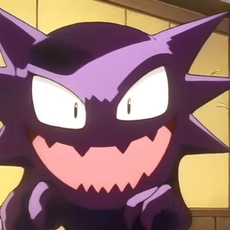 haunter, purple, anime, smile, ^_^, black eyes, closed mouth, looking at viewer, indoors, pokemon \(creature\), no humans