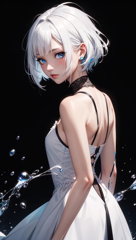 a woman with white hair and blue eyes is in a white dress with a black background and a splash of paint,