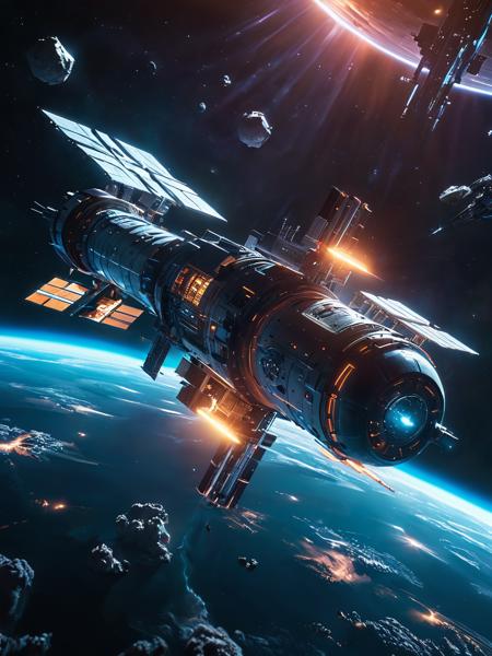 futuristic space station floating in space,  glowneon, glowing,   <lora:glowneon_xl_v1:0.7>, Cinematic photography, movie mood, cinematic light, compelling composition, storytelling elements, conveys emotion, mood, and narrative depth, creating visually striking images that feel like still frames from a film