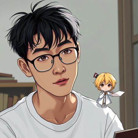 a chibi little blond haired princess is sitting on the shoulder of a male writer. the male writer has deep set eyes and a fierce gaze with shining pupils and dark corneas. He has soft kind eyes. He's slightly slovenly with messy dark black hair and wears a set of glasses. he's slightly bookish, meek, and timid. he has a round unassuming face. the male author is 30 years old and middle-aged. he wears casual clothes consisting of a simple white t-shirt. the chibi little prince hovers around him writing like a small spirit. the male author is Asian and of Chinese descent.