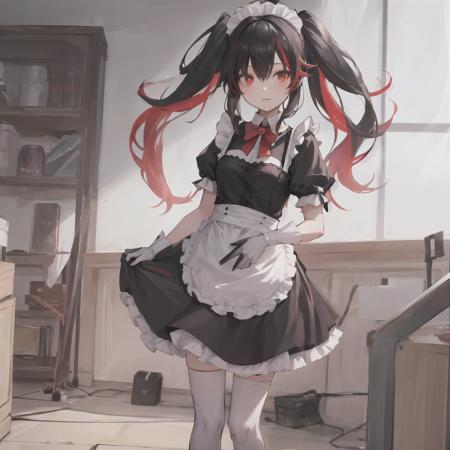 <lora:Lucia-3:0.4>, 1girl, masterpiece, highest quality, best quality, , highly detailed, best illustration, glowing hair, ray tracing, semi realistic, Lucia, black hair, red eyes, multicolored hair, maid outfit, twintails, leaning forward, standing, looking at viewer