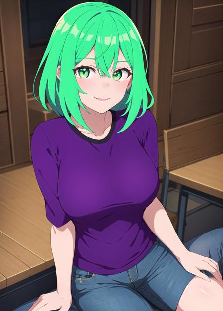 best quality, 1girl, sitting, solo, green eyes, violet hair, dark purple shirt, jeans, smile, indoors, fine background, (cel shading), sharp detail, incredibly absurdres, <lora:GoodHands-vanilla:1>, <lora:EufoniuzV1:0.8>