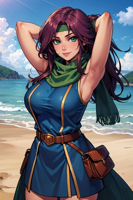 masterpiece, best quality, farisscherwiz, headband, large breasts, green scarf, short dress, belt, toned body, looking at viewer, beach, smile, arms behind head <lora:faris-nvwls-v1-000010:0.9>