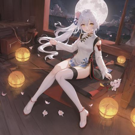 china dress, (cheongsam:1.1), white hair, full body, looking at viewer, (1girl), solo, medium breasts, smile, yellow eyes, bright pupils, (white legwear:1.1), masterpiece, best quality, cherry blossoms, cloud, full moon, moon, moonlight, night, night sky, petals, blue moon, rose petals, sky, star sky, starry sky, sun, highres