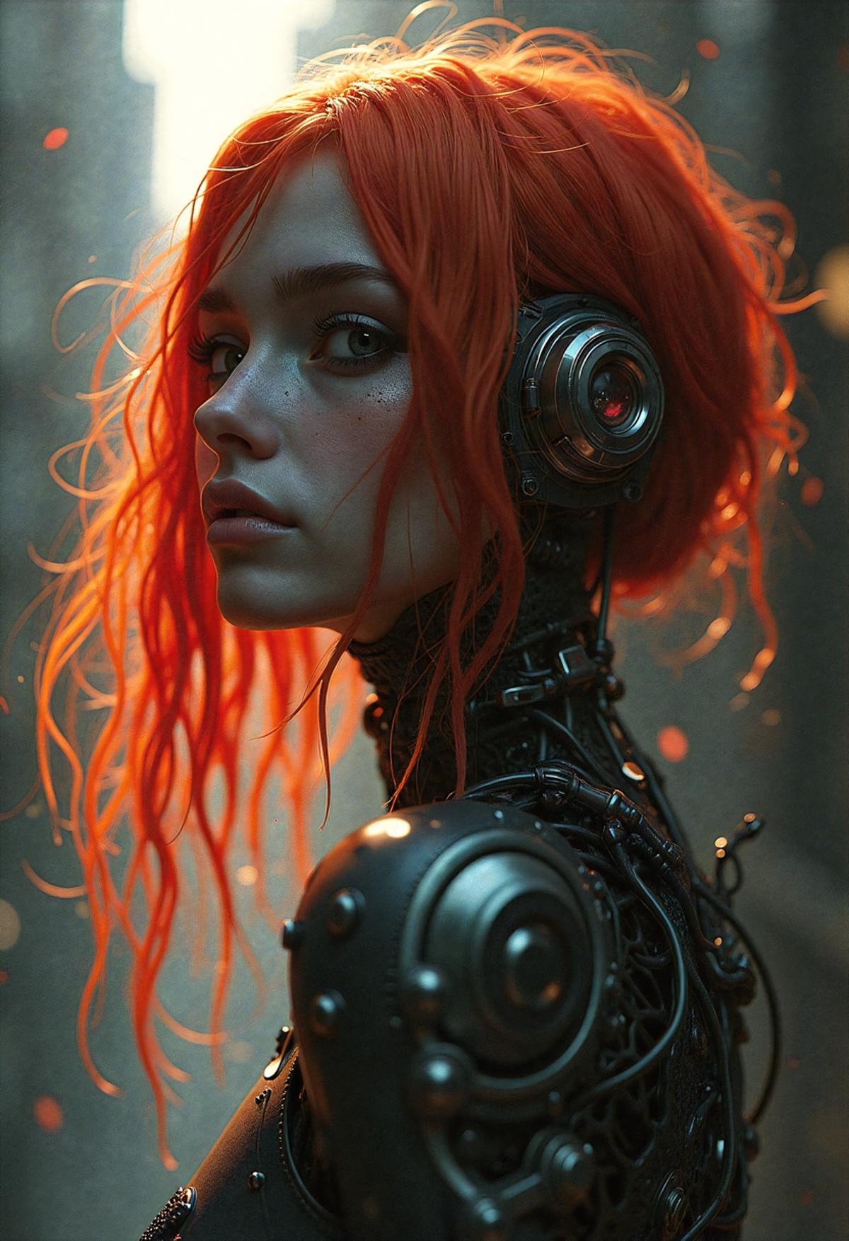 Best quality of a gritty digital render, augmented virtual reality of young cyborg woman with fiery red hair. Shot from below with light from behind from an unseen light source. The cyborg has mechanical arms, and one mechanical eye, augmented with visible cybernetic implants. Drawing from the styles Chris Cold, H.R. Giger, and Guweiz.