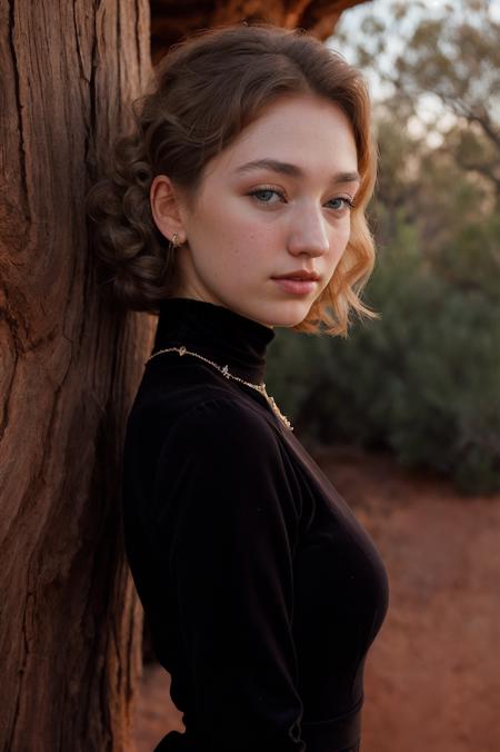 (closeup:1.2) Portrait of pretty young (18-year-old) Caucasian (futuralacylotus4825v5) ((Embrace the camera with a seductive gaze, exuding allure and confidence.:1.07)), outdoor, BREAK ( Retro-inspired pin curls: Delicate curls created by pinning sections of hair, evoking a retro and glamorous feel reminiscent of the 1950s.), no makeup, long dainty necklace, ((high neck velvet dress hugs the body)) , <lora:epi_noiseoffset2:1> BREAK (magazine cover:1.10), BREAK (masterpiece, extremely detailed skin, photorealistic, heavy shadow, dramatic and cinematic lighting, key light, fill light), sharp focus, BREAK location is (outdoor Uluru (Ayers Rock), Australia),  <lora:ClothingAdjuster3:-0.6>,