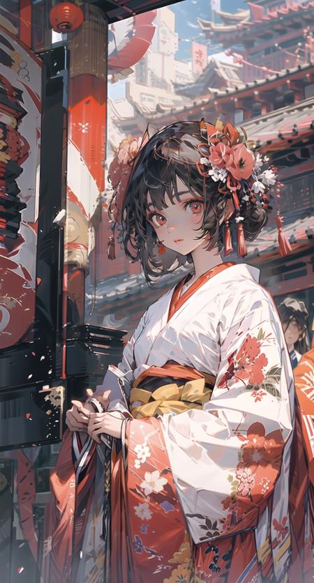 sinsya, japanese clothes, hair ornament, kimono, red eyes, hair flower, lantern, black hair, paper lantern, looking at viewer, bangs, floral print, red flower, red kimono, 1girl, wide sleeves, architecture, east asian architecture, long sleeves, upper body, outdoors, tassel <lora:sinsya-pynoiseloha:1>