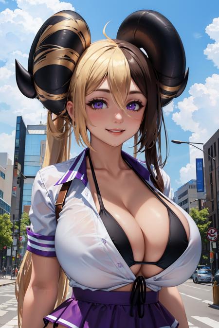 masterpiece, best quality, aife, split-color hair, horns, white shirt, cleavage, black bikini, purple microskirt, looking at viewer, upper body, smile, huge breasts, city street, sky, clouds <lora:aife-nvwls-v1-000010:0.9>