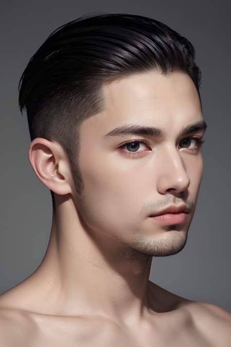 real human skin,natural skin,(close-up:1.0) photo of as (young:1.0) man, (oiled skin:1.0), (tilted angle shot:1.0), (slick undercut hair:1.2), (8k uhd:1.0), (best quality:1.0), (masterpiece:1.0), (sharp focus:1.0), (basic grey backdrop:1.0), <lora:GoodHands-beta2:1>,male focus