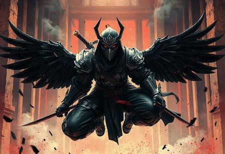 A high-resolution, 8K image of a Blade Armor Ninja with black wings, floating in random positions on a Dimensional Prison background. The Ninja, a dictator-like figure, is plus-sized, with a hyper maximalist design and rich, deep colors. The image features dynamic action pose, captivating lighting, vivid emotions, and a powerful message. The composition is impeccable, with a creative angle, attractive background, and balanced editing. The image is rendered with Octane Render and Unreal Engine 5, with a Raphael style and splash ink illustration. The Ninja's face, eyes, and clothes are super-detailed, handcrafted with precision, and the image features stunning colors, harmonious color palette, and multi-colored elements. The image is a masterpiece with intricate details, incredible depth, and has the potential to trend on ArtstationHQ, CGSociety, and other popular art platforms. The image is also suitable for concept art and matte painting.