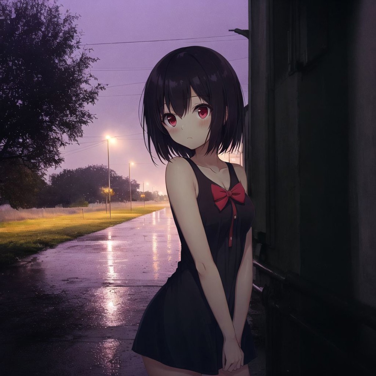<lora:anime_irl:1>, anime_irl,  a dark room with a window and a car parked in the rain at night time, with a street light ...