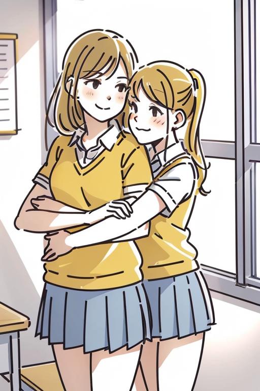 Two girls in matching school uniforms hugging each other.
