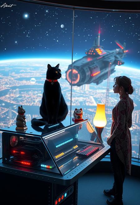 A sleek black cat with a red collar sits atop a cluttered, riveted metal desk with a transparent top, revealing glowing micro-LED-lit computer components beneath. A maneki-neko statue and a softly pulsing lava lamp rest beside it. The cat gazes out through a seamless, floor-to-ceiling futuristic window at the breathtaking surface illuminated by the sprawling lights of colossal cities and towering megastructures.
Beside the desk, a beautiful 24-year-old woman stands, her gaze distant and longing as she looks into the vastness of space. She wears an ornate, elegant Chinese-style blouse and leather pants, intricate patterns shimmering subtly in the ambient glow. Her hair is elegantly tied up with a ribbon, adding to her graceful presence. In the distance, an enormous deco-cyberpunk starship, adorned with futuristic neon lighting, drifts through the stars. Nearby, a massive space station looms, its Art Deco Cyberpunk architecture exuding grandeur and mystery.
A dynamic perspective enhances the scale, making the viewer feel immersed in this epic cyberpunk vision, evoking a profound sense of wonder and awe.
