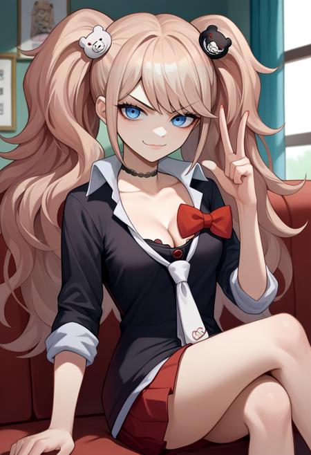 enoshima junko, twintails, bear hair ornament school uniform, black shirt, white necktie, red bow, sleeves rolled up, skirt, choker, cleavage