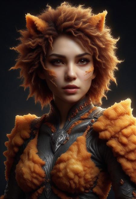 Ultrarealistic. sharp focus, dynamic lighting. play of light, Raytracing, Ultra detailed. (((DFC Style))). A beautiful female samurai warrior wearing an armor made of deep fried & crispy breading. Katana in hand. Cowboy shot. Make up.DFC, skulldog, skull head, no humans
