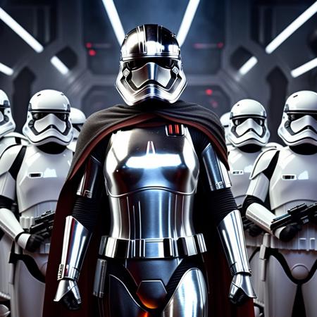 professional 3d model of  <lora:Captain Phasma:1>
Captain Phasma a very attractive short hair blonde hazel eyes woman with makeup in a star wars silver armor costume with cape standing in front of a group of troopers In Star Wars Universe, octane render, highly detailed, volumetric, dramatic lighting