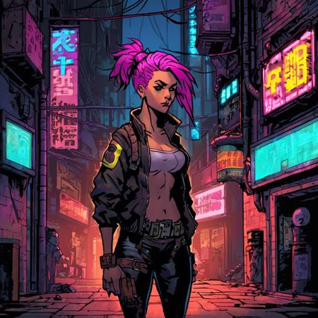 high-quality artwork in dgst artstyle of a woman with medium-length colorful hair standing under a glowing neon sign in a cyberpunk city alleyway