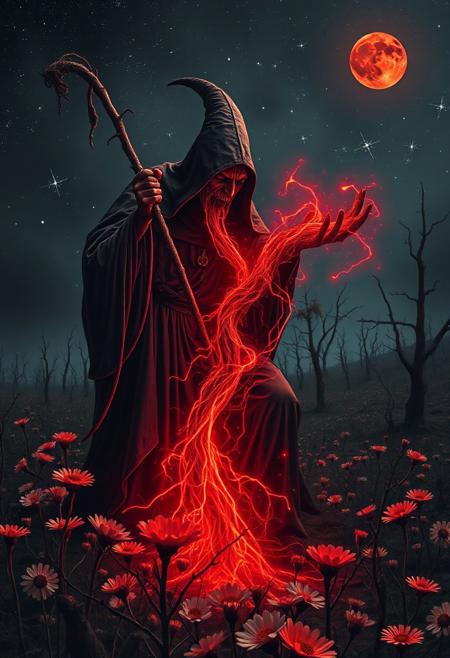 Dark magician sucking out the life of the earth, draining everything close to him, dead flower field with dead trees, night sky with crashing stars, red moon