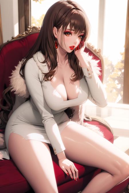 1girl, bangs, brown eyes, brown hair, cleavage, collarbone, dress, earrings, eyelashes, fur trim, hand up, hyulla, jewelry, large breasts, lips, long hair, long sleeves, looking at viewer, makeup, parted lips, red lips, short dress, sitting, solo, thighs, white dress,mature female