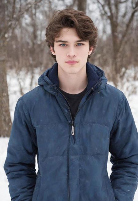A photo of a 18yo white boy with facial hair and (imperfect skin:1.5), with a confident and relaxed demeanor. He has short, neatly styled dark hair. His eyes are a striking (shade of blue:1.5). standing outdoors on a cloudy day during the winter season. The lighting is soft and natural, highlighting his features and creating a warm, inviting atmosphere, full body, <lora:epiCRealismHelper:0.3>