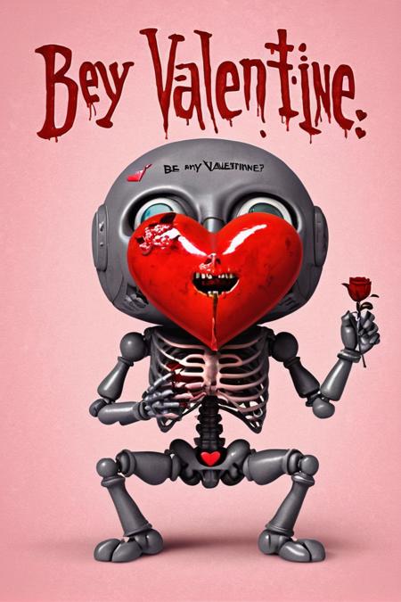 an artists interpretive depiction of bloody valentine with the text ("BE MY VALENTINE":1.1), award-winning, professional, highly detailed, high quality, 8k, extremely detailed, multicolored, 8K, beautiful composition, masterpiece, cinematic BREAK (a cute macabre adult valentine's day card with the text "BE MY VALENTINE":1.3)