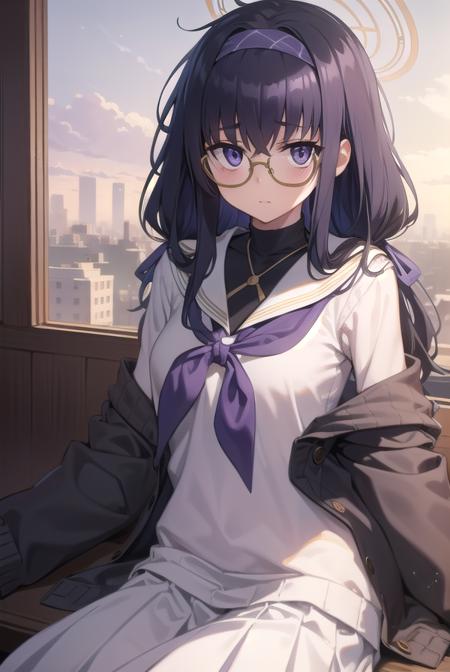 uikozeki, <lyco:uikozeki-lyco-nochekaiser:1>,
ui kozeki, bags under eyes, black hair, (purple eyes:1.5), glasses, halo, long hair, red-framed eyewear,
BREAK black pantyhose, black undershirt, blue hairband, blue neckerchief, brown cardigan, brown sweater, cardigan, hairband, long sleeves, messy hair, neckerchief, pantyhose, sailor collar, school uniform, serafuku, sweater, white sailor collar, white serafuku, skirt, long skirt,
BREAK looking at viewer,
BREAK indoors, classroom,
BREAK <lyco:GoodHands-beta2:1>, (masterpiece:1.2), best quality, high resolution, unity 8k wallpaper, (illustration:0.8), (beautiful detailed eyes:1.6), extremely detailed face, perfect lighting, extremely detailed CG, (perfect hands, perfect anatomy),