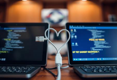 Realistic photo.
Two computers are connected with a USB cable.
The USB cable has a heart shape in the middle.
The two computers are on a table.
Very detailed.
High contrast.
Depth of field.