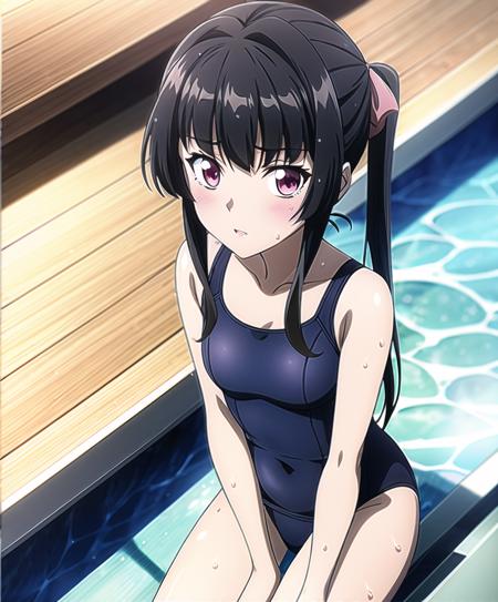 (extremely detailed CG unity 8k wallpaper, masterpiece, best quality, ultra-detailed, highres, absurdres), (anime:1.4), (illustration),
((tsukuyomi shirabe)), black hair, blunt bangs, twintails, pink ribbon, pink eye, small breasts,
blush, school swimsuit, (one-piece swimsuit), pool, wet, looking at viewer, sitting, cowboy shot, from above,