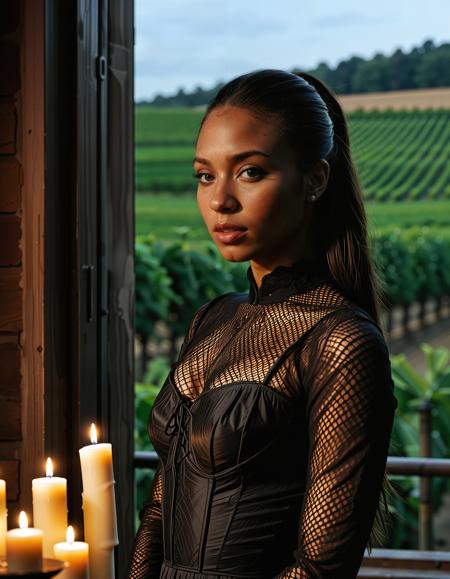 RAW full body analogue photo of a beautiful 25 years old woman, clear focus, high resolution image, Beautiful dark skin African woman, <lora:Ayana_Lela_African_Woman:0.8>, ,A photo realistic shoot from a portrait camera angle about a young woman with long hair in a dark, gothic setting, surrounded by candles. the image also shows a dimly lit interior with candles and a stained glass window. on the middle of the image, a 20 years old  woman appears to be looking at the viewer with a serious expression, wearing a black, lace-trimmed dress with long sleeves and a high collar. she has a slender physique and fair skin. her hair is styled in a high ponytail and falls down her back. her brown eyes are looking directly at the camera, and her lips are parted. the background is dark and moody, with candles in the foreground and stained glass windows behind her., ,,low light, soft natural light, Rembrandt style light, Hasselblad DLSR camera, 200mm Zeiss lens, f/2.8 ,Sexy pose, erotic pose, exhibitionism, ,wine vineyard