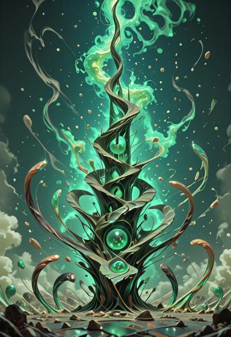 angled shot, side view, asymmetric,  masterpiece, best quality, very aesthetic,, abstract magical world , mystic aura, organic obsidian jade structure, smoke swirls, organic, dramatic, tension, bizarre, paranormal, vivid color pallet, volumetric light, detailed light, stunning composition, green scale, green bias