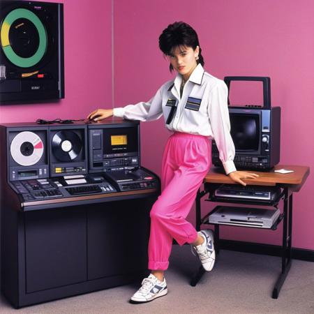 tailleur, houdstooth, formal wear, 1980s fashion, new wave aesthetics, neon colors, (((nec pc-8801))), videocassette recorder, cd player, hi-fi rack, corded phone, stereo, (((1980s (style)))), 1girl, sneakers