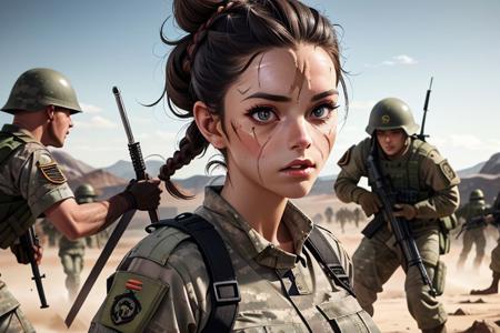 (interesting unique-looking:1.2) female soldier (with facial scar and unusual hairstyle:1.2) (in the middle of a battle:1.1), realistic eyes, detailed background, amazing background, (epic, breathtaking, award winning:1.1), 8k uhd, hdr, best quality, high quality