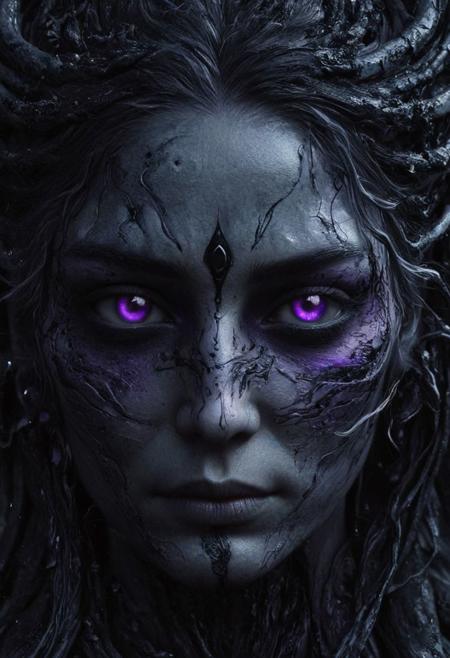 Completely black screen, absolutely nothing, pure black, detailed, but the old goddess with glowing darkviolet eyes are rising, FastNegativeV2, ral-dissolve