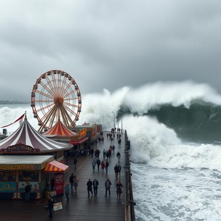 A fun fair, rollercoaster, stalls, people enjoying themselves, on a pier about to be ingulfed by a huge tidal wave