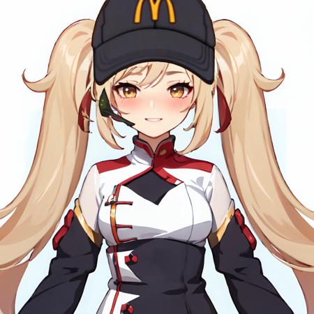 masterpiece, absurdres, mcdonald's hat, mcdonald's profile photo, smile, blush, embarrassed, 1girl,  parted lips, blonde hair, long hair, twintails , medium breasts, white background, simple background,  nurse clothes,