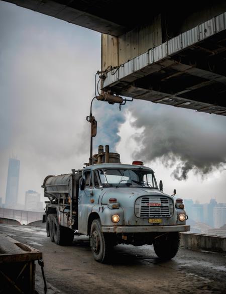 (silver metal tatra148 fueltruck), cyberpunk city , decrepit weary skyscrapers, streets, dark, shanghai, epic, absurdres, cinematic, dynamic view angle, volumetric lights, mist, (cinematic, dutch angle:1.1), dust, volumetric lights, wet highway , mist, clouds <lyco:tatra148-loha:0.89>
