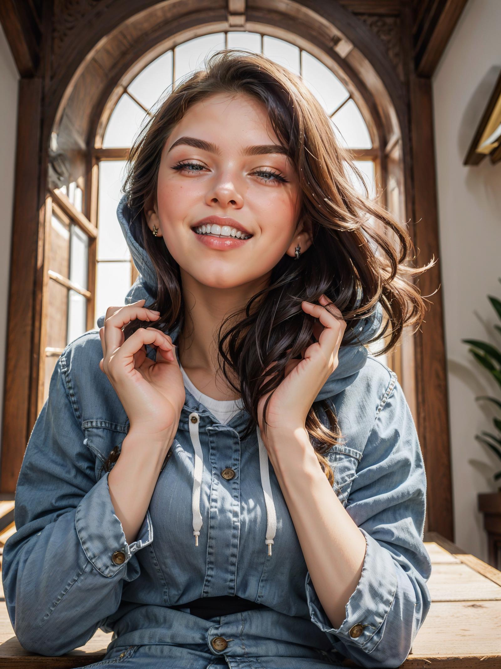 A smiling woman wearing a blue hoodie jacket.