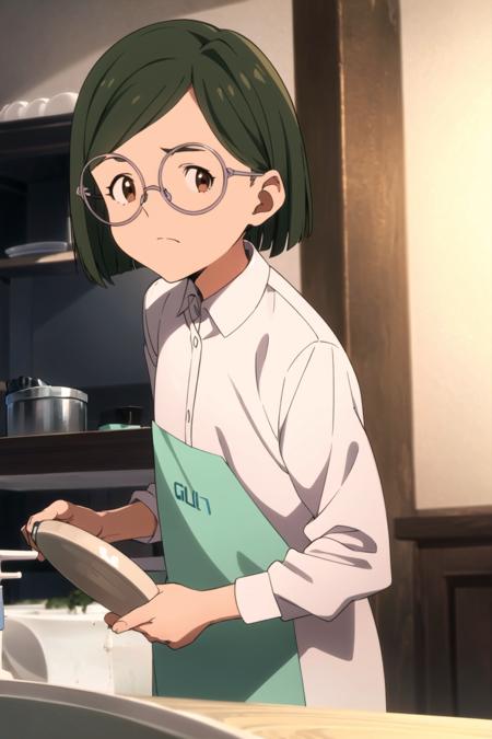 glida, neverland, 1girl,(washing dishes:1.2), indoors, kithen, solo, looking at viewer, short hair, shirt, brown eyes, white shirt, green hair, glasses, collared shirt, <lora:Glida:0.8>