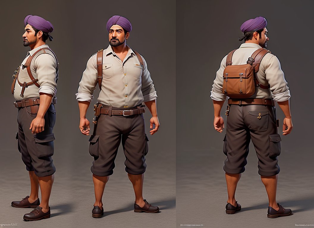 A photographic style character turnaround of a tiny 1800's indian man fruit seller,  simple bright clothing, highly detail...
