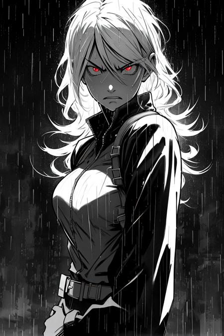 Sincity,monochrome, greyscale,( emphasis_lines), transparent_background,( rain),lightning,angry ,rain background,futa with female,upper body,looking at viewer,red eyes,masterpiece, best quality,  <lora:Sincity-000001:0.4>