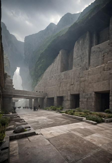 (POV view , DOF, first people view from the entrance, low angle shot:1.4), in haevy rain,
(Ancient civilization, Alien Prometheus movie scene, dune movie scene:1.5), (The colonial city of the future, in the mist-filled Grand Canyon, on an unknown Earth-like planet, 2 moon on sky, Spaceship flight connects colonies, waterfulls:1.3), (Machu Picchu, a mountain settlement, incredibly spectacular:1.2), (Mario Botta:1.3), (avant-garde, future, reality, science fiction, photorealistic), (modern architecture:1.2), White limestone and black granite, fountain, waterfall, landmark, square, path, narrow street,
(Large Files, Ultra Realistic, 8K, 16k, FHD, HD, VFX, Perfect, Photography, composition, Architecture Sales Photography, Architecture Competition, Ultra High Resolution, Cinematography, High Resolution Image:1.1), (dramatic lighting, direct sunlight, ray tracing, clear shadow:1.2),  (real landscape:1.1), (blurred background:1.0), (urban background, more_details) ,
extremely detailed, hillscastel, great lighting, MInimalist Style House