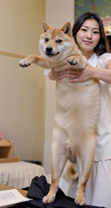 cute Japanese woman holding a  IncrsLcmSolo long doge <lora:LongcatMemeSolo:1> <lora:Doge_mnty_merge60_30:.8>