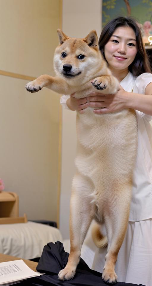 A woman holding a small brown dog in her arms, smiling.