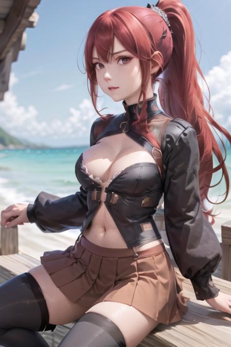 Milly\(milly)\,1girl, solo, medium breasts, hair ornament, thighhighs, long sleeves,  navel, cleavage, pleated skirt, boots, black thighhighs, (beach), (ponytail:1.2), red eyes, ultra detailed <lora:Milly_The_Aristocrat_s_Otherworldly_Adventure_Serving_Gods_Who_Go_Too_Far-000014:0.8>