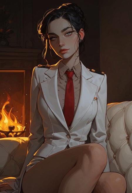 score_9, score_8_up, score_8_up, 1 woman,  sexy, 
very pale skin, white blazer, white office shirt, red tie, slim body, thin waists, thin eyebrows, black hair, very long hairsryle with hair bun, beautiful adult face, detailed face, cozy livingroom, fireplace, dark lights, navy eyes, sitting on couch, lit cigar
g0thicPXL, Expressiveh