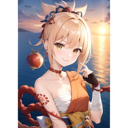 ((masterpiece)),(best quality),official art,extremely detailed CG,unity 8k wallpaper,ultra detailed,A lighthouse on a cliff by the sea,1girl,solo,upper body,(portrait:1.2),looking at viewer,hadanugi_dousa,sarashi,orange_kimono,japanese_clothes,arm_tattoo,blonde_hair,fingerless_gloves,smile,chest_tattoo,bandaged_arm,shimenawa,red_choker,hair_ornament,yellow_eyes,high_ponytail,rope,bandaged_leg,flower_tattoo,bangs,medium_breasts,tabi,single_fingerless_glove,leg_armor,single_thighhigh,<lora:Yoimiya(gen)>,