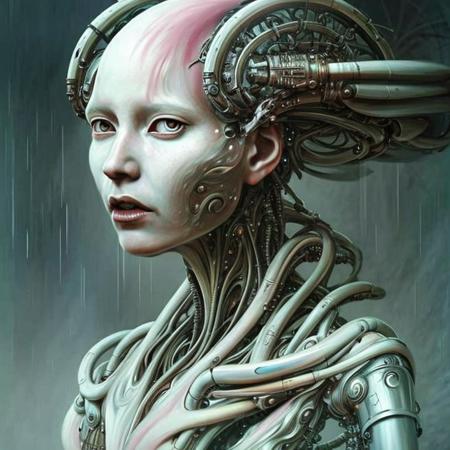 cyborgdiffusion, Beautiful alien machine goddess of the rainstorms in white celtic robes by android jones alex grey m, c, escher h, r, giger android jones alex grey mark cooper alien beauty alien cyborg machine goddess beauty alien celtic red - haired rainstorm goddess with white robes and metallic machine deity alex grey android jones hr giger artgerm artstation award winning photorealistic detailed hypervivid intense fantasy concept art by greg rutkowski