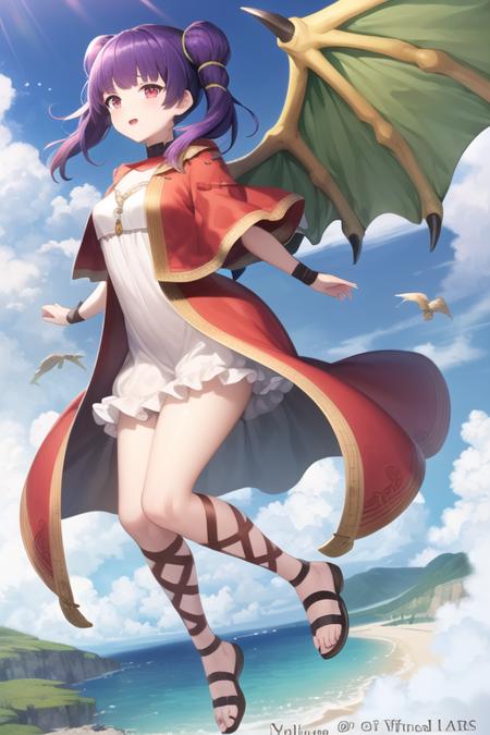 <lora:Myrrh_fe_v1:.7>, flying, arms behind back, myrrh_fe, white dress, sandals, wristband, dragon wings, feet