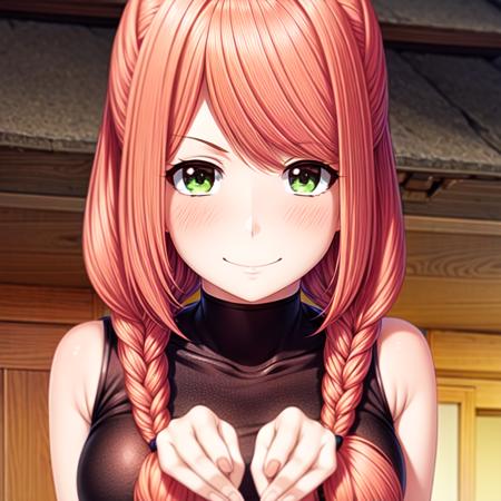 <lora:himitsu:0.7> {himitsu}, solo, pink hair, {twin braids}, looking at viewer, smile, {green eyes}, {detailed face}, thin, small bust, smile, <lora:add_detail:1.5>